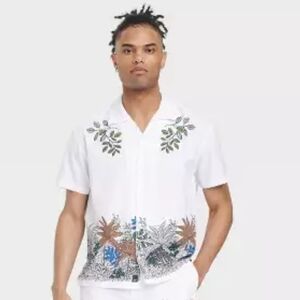 Houston White Adult Short Sleeve Border Print Button-Down Camp Shirt Size M